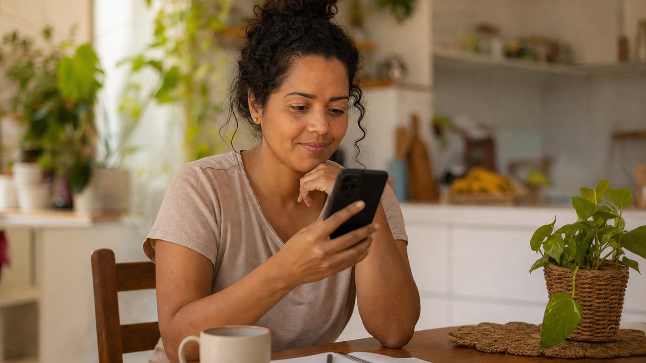 Trabalhadora brasileira usando o celular para comparar Crédito do Trabalhador e Antecipação do FGTS