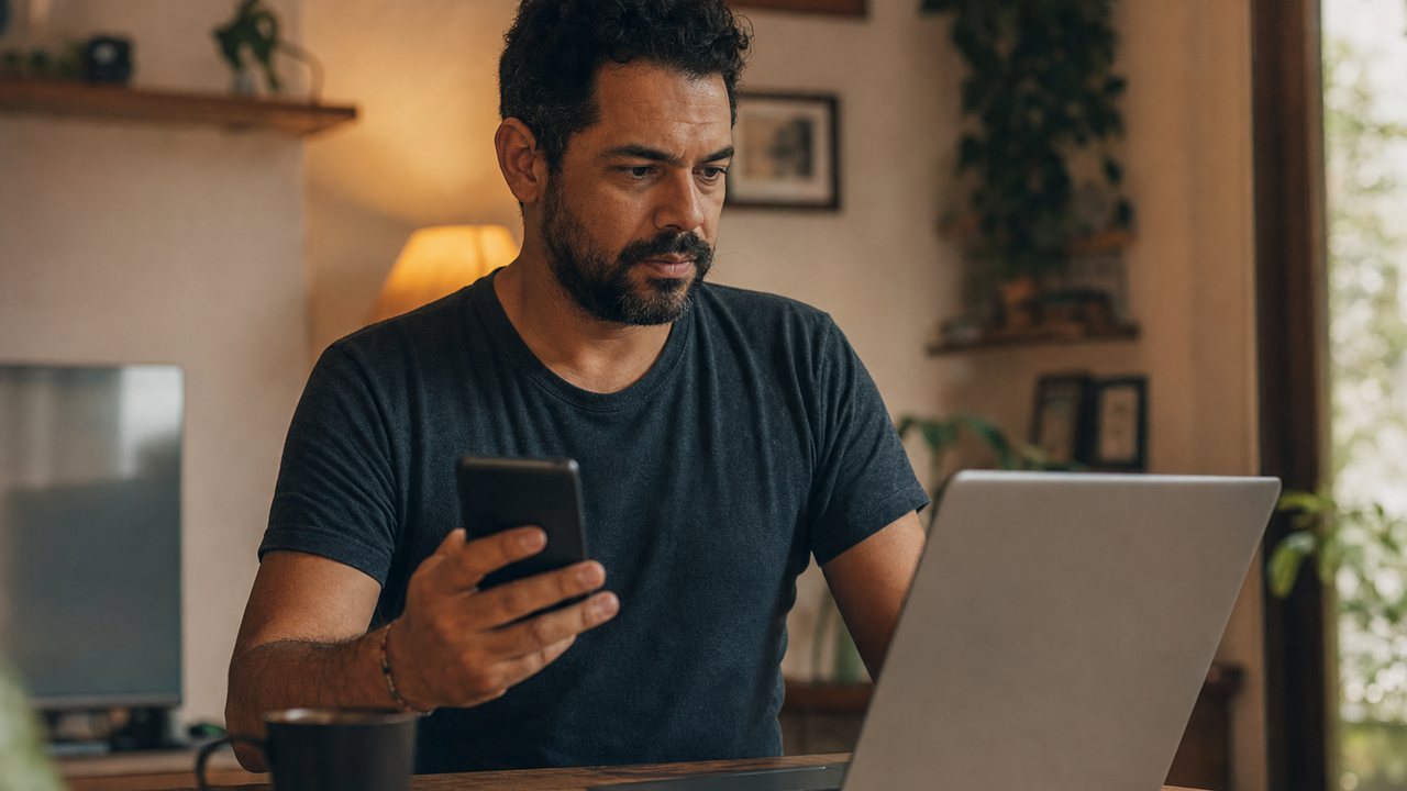 Trabalhador brasileiro usando o celular para comparar Crédito do Trabalhador e empréstimo pessoal