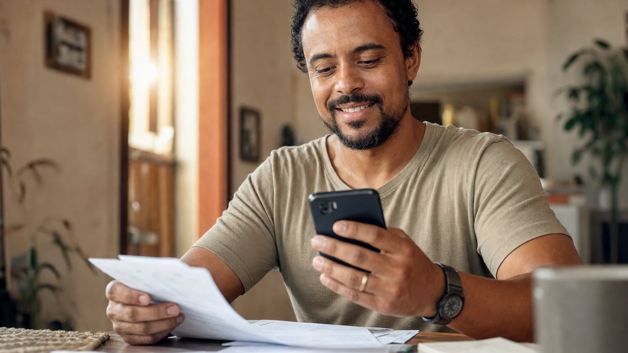 Trabalhador brasileiro usando o celular para trocar dívida por Crédito do Trabalhador